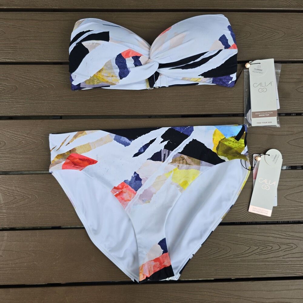 CALIA Women's Collage Bandeau Top & Matching Mid Rise Bikini Sz S New